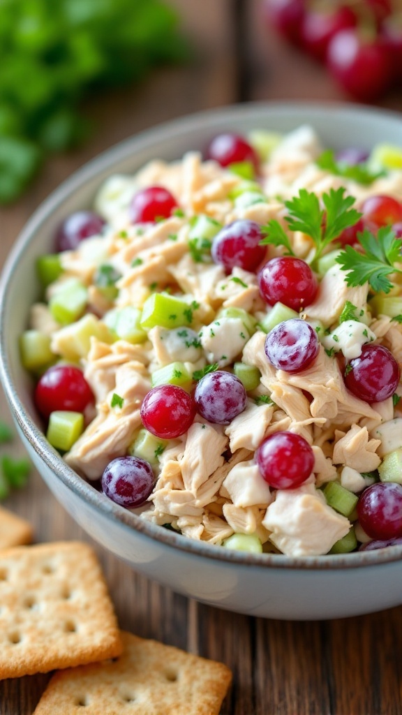 Healthy Greek Yogurt Chicken Salad Recipe A bowl of healthy chicken salad with Greek yogurt, featuring shredded chicken, celery, grapes, and parsley, served with whole-grain crackers.